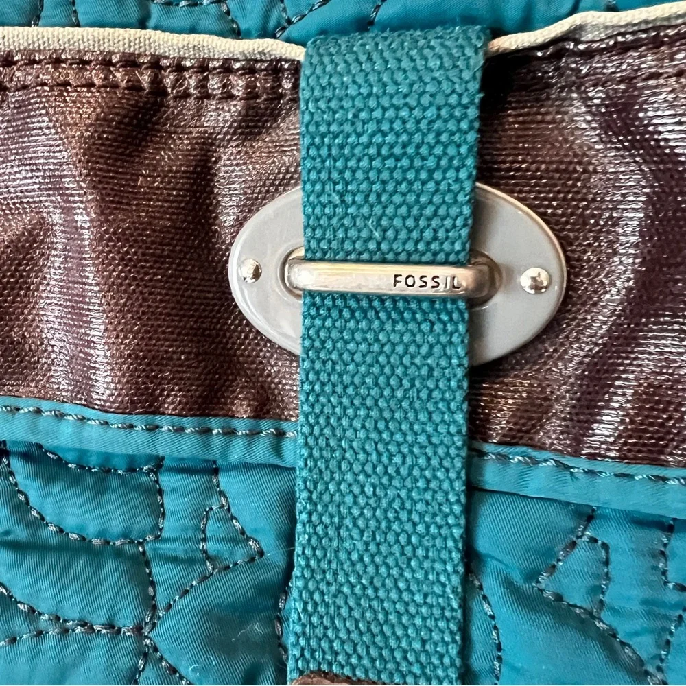 Fossil Key-Per Quilted Blue Brown Large Messenger Crossbody Shoulder Bag
